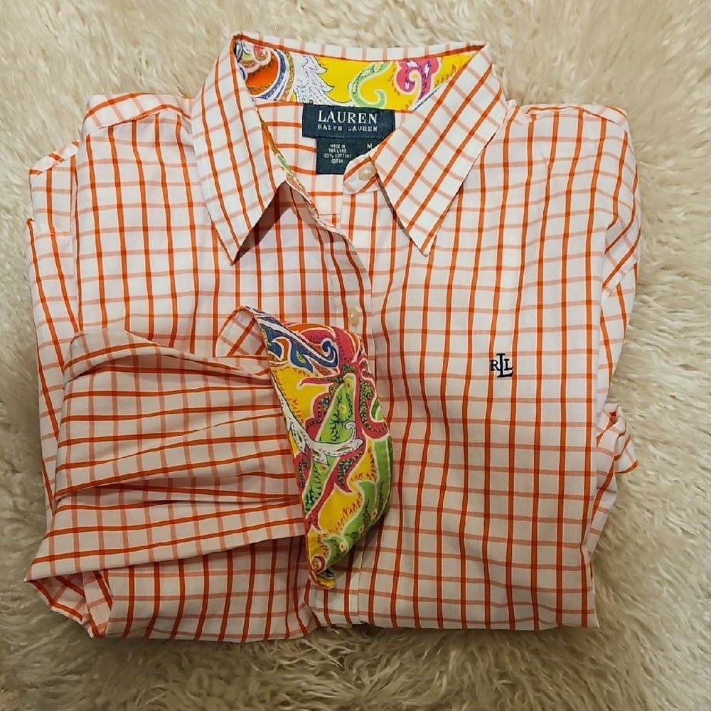 WOMENS RALPH LAUREN ORANGE CHECKERED SHIRT/BLOUSE        SIZE MEDIUM